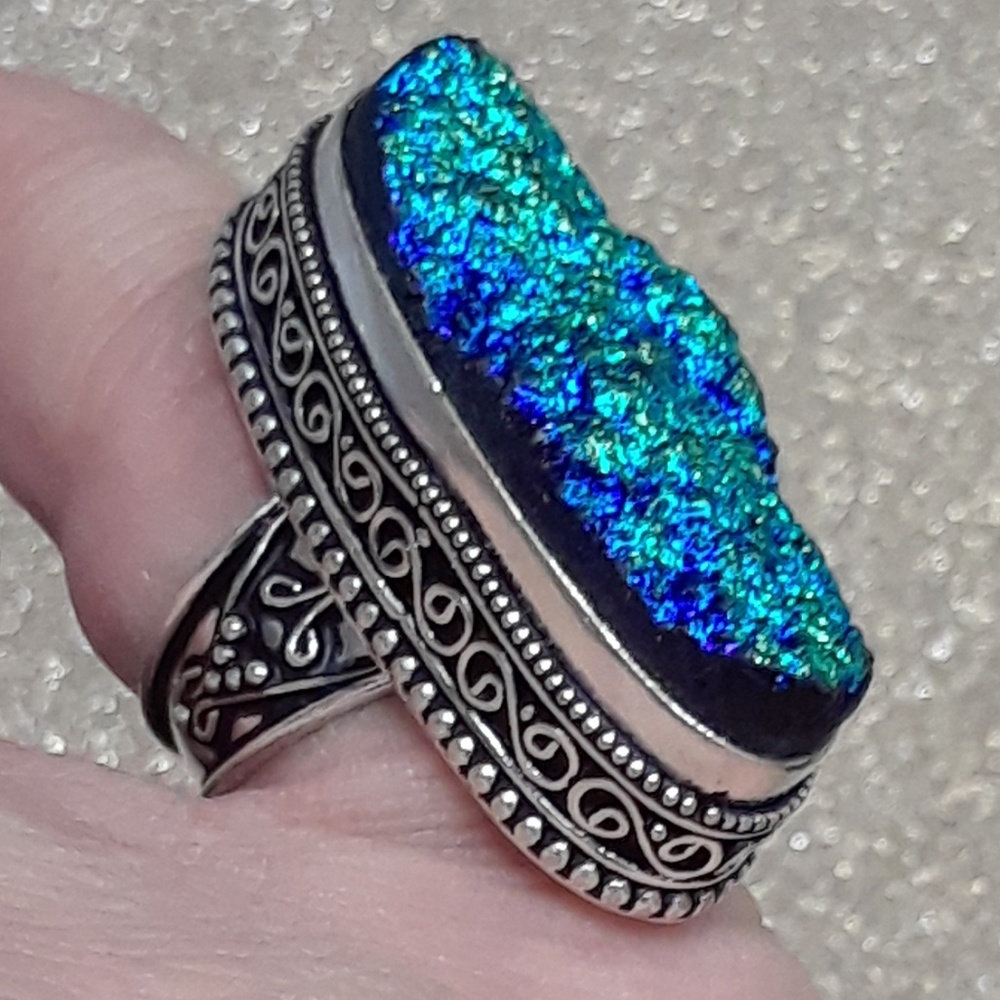 New! Titanium Blue Druzy Drusy .925 Ring + Gift